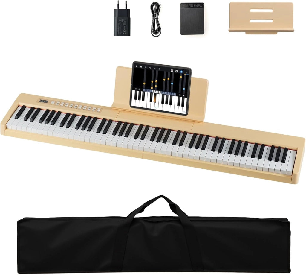 Pianoforte digitale a 88 tasti, tastiera per pianoforte con 380 suoni, 128 ritmi, 88 demo, MIDI, pedale, pianoforte elettrico portatile con supporto per musica, borsa da trasporto (bianco)