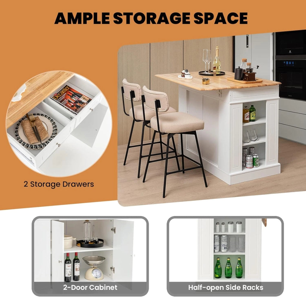 Armadietto da cucina con piano di lavoro espandibile, isola della cucina, in legno, credenza per sala da pranzo, con cassetti, armadio e scaffalatura, 120 x 61 x 92 cm (Bianco)