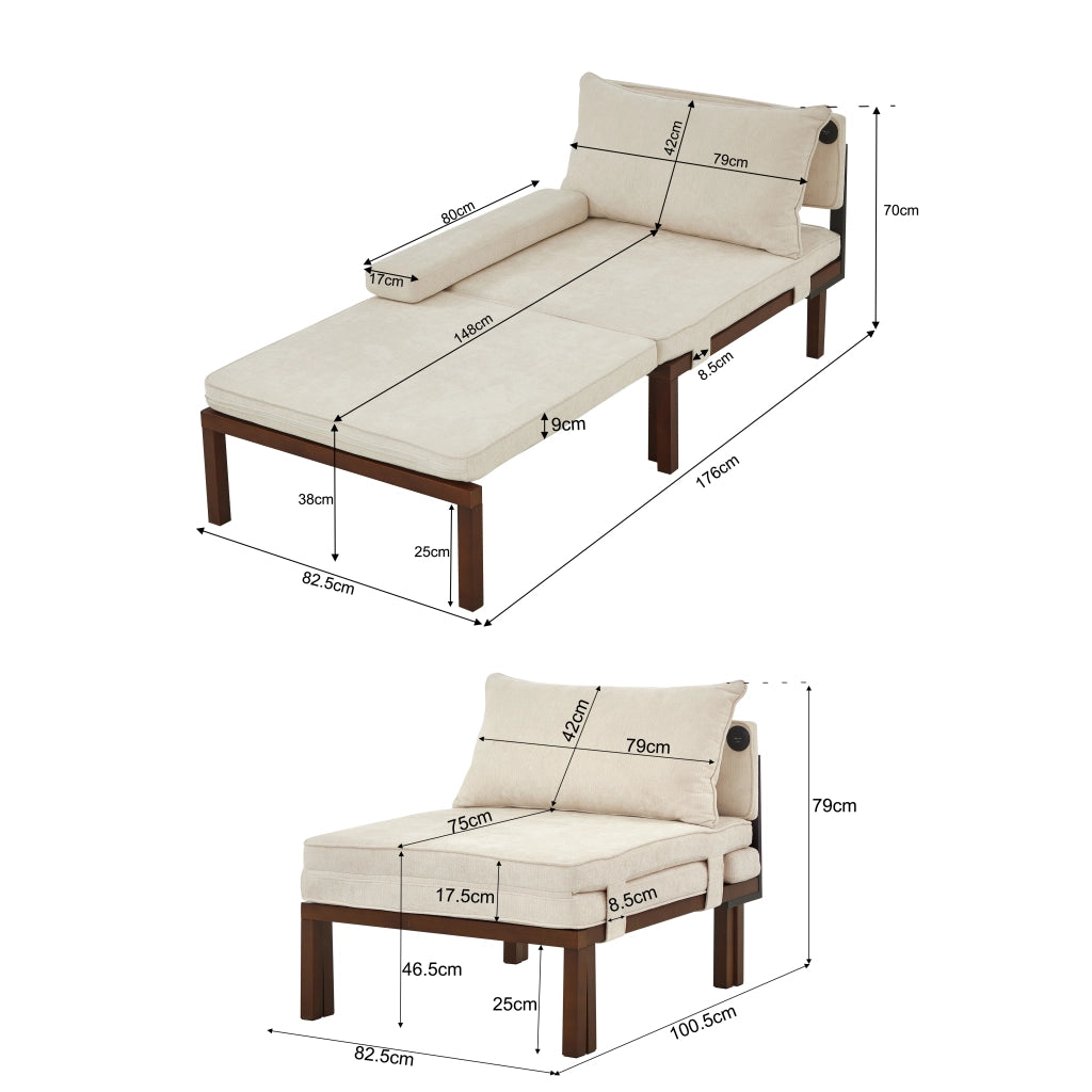 POLTRONA LETTO Estraibile Singolo Beige in Velluto con porte USB/Type-C