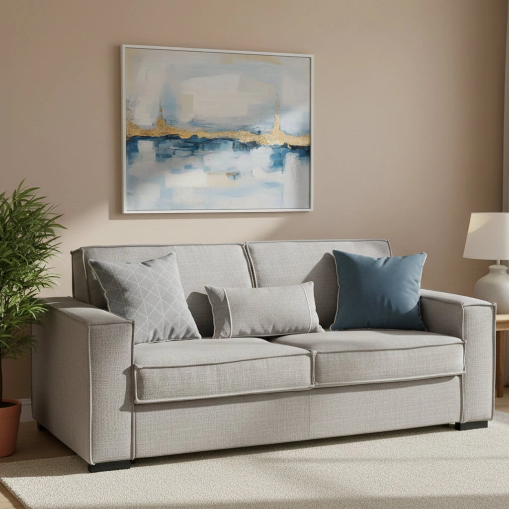 Divano Letto Adalberto, Divano a 3 posti, Made in Italy, SofÒ  Soggiorno con apertura girevole, in tessuto imbottito, con Braccioli slim, cm 200x95h90, Grigio