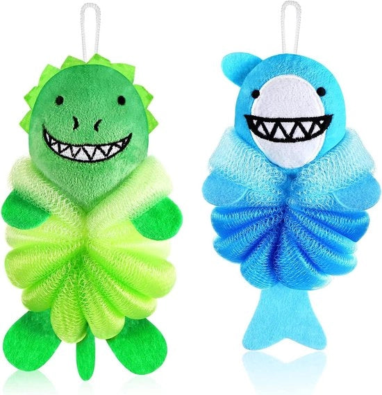 Due paia di spugne per bambini in design cartoon, spugne per bambini, sgabello per doccia con spugna, schiuma corporea, spugne per bambini a rete.