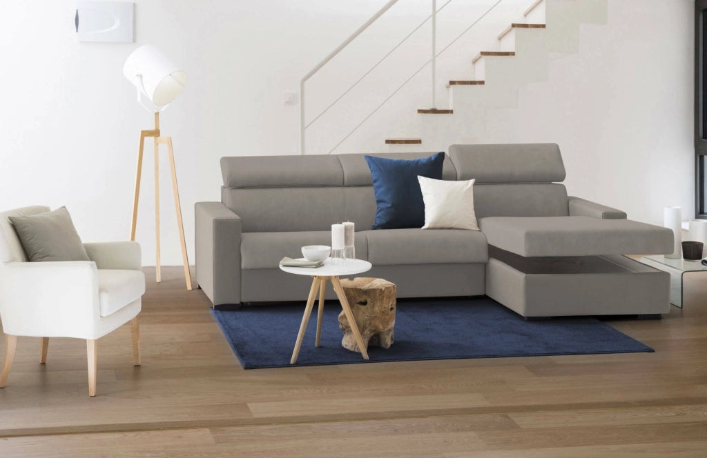 Divano Letto Allevatore, Divano ad angolo, Made in Italy, SofÒ  con apertura girevole, con Penisola contenitore Destra, con Braccioli standard, cm 280x95h85, Tortora