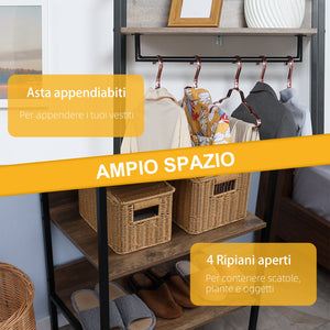 Appendiabiti da Terra con 4 Ripiani 60x40x180 cm in Truciolato e Acciaio Marrone