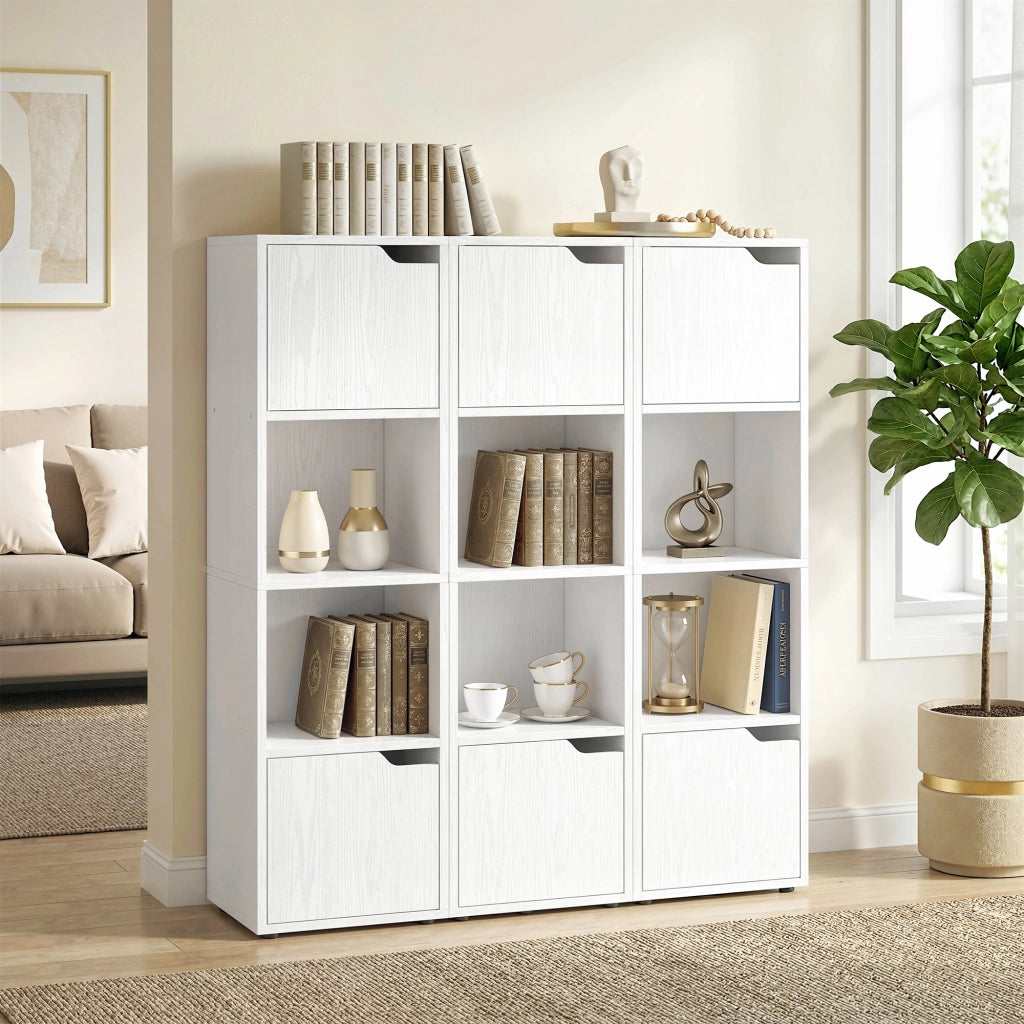 Libreria Moderna 30x29x119 cm con 2 Armadietti e Ante a 4 Ripiani in Legno Bianco