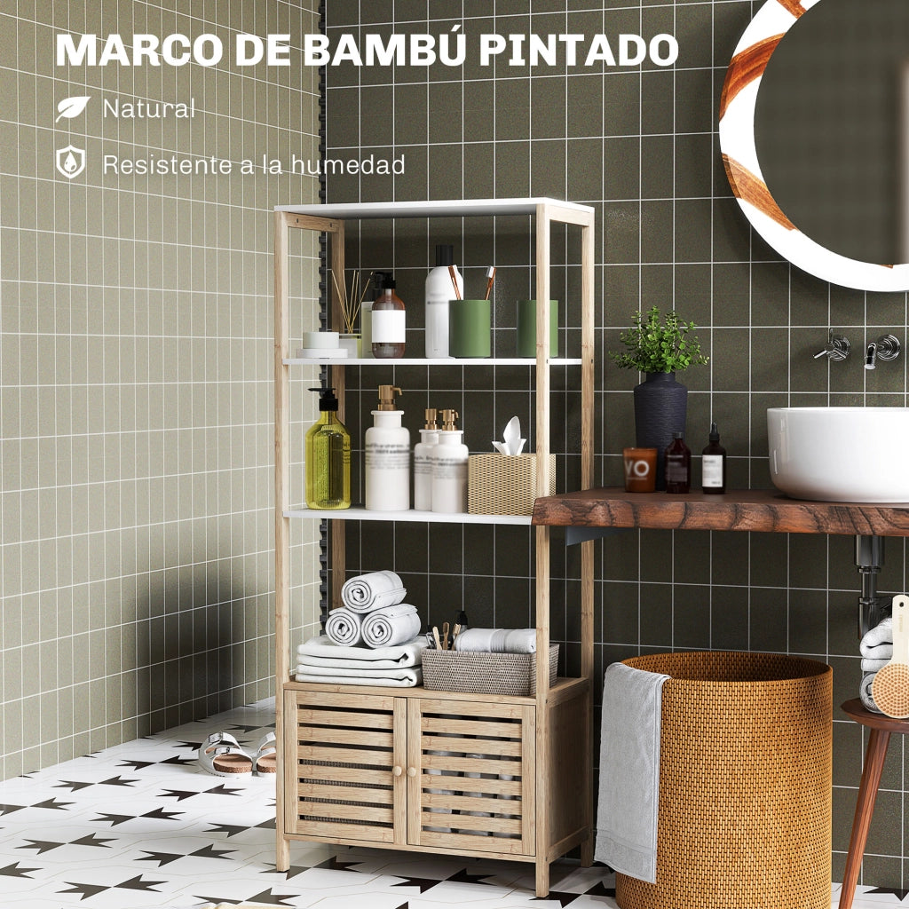 Mobile da Bagno in Bamb¨´ con 3 Ripiani e Ante a Lamelle ¨C Zephmum ¨C Naturale e Bianco 63x30x138 cm