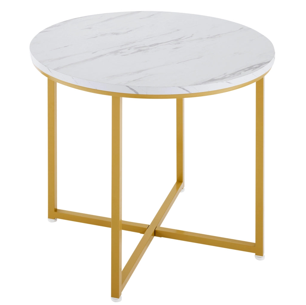 Set da pranzo con tavolo rotondo 80x80x75 cm e 4 sedie; MDF bianco e metallo oro