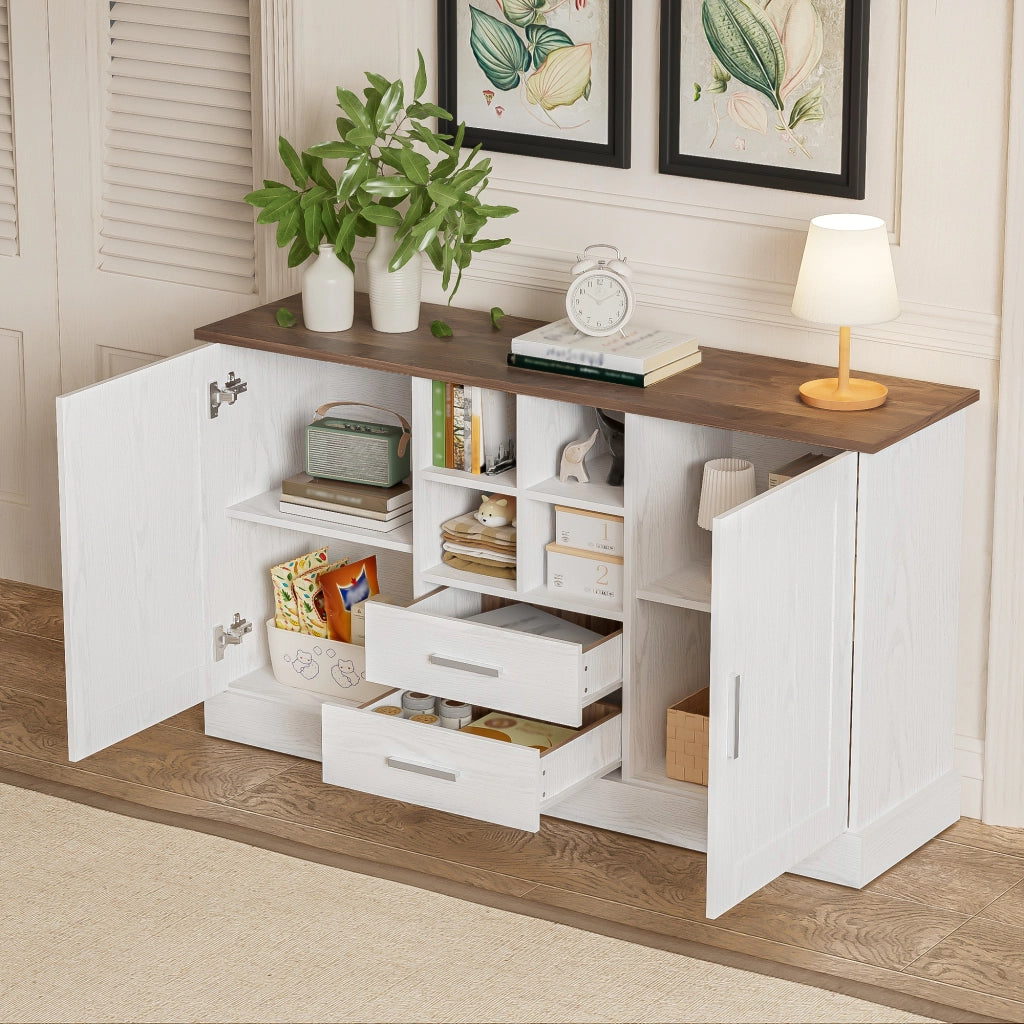 Credenza 2 Ante 2 Cassetti ¨C MINIMAL ¨C Bianco e Marrone Effetto Legno 140x40x79,5 cm
