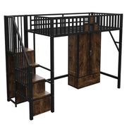 Letto a soppalco 90×200 cm con armadio; cassetti e scala contenitore; senza materasso; metallo e legno; nero