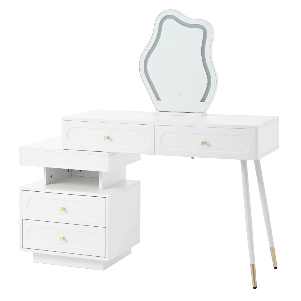 Tavolo da trucco con specchio LED, 4 cassetti e vano aperto, design salvaspazio per camera da letto, bianco, 140¡Á40¡Á130 cm