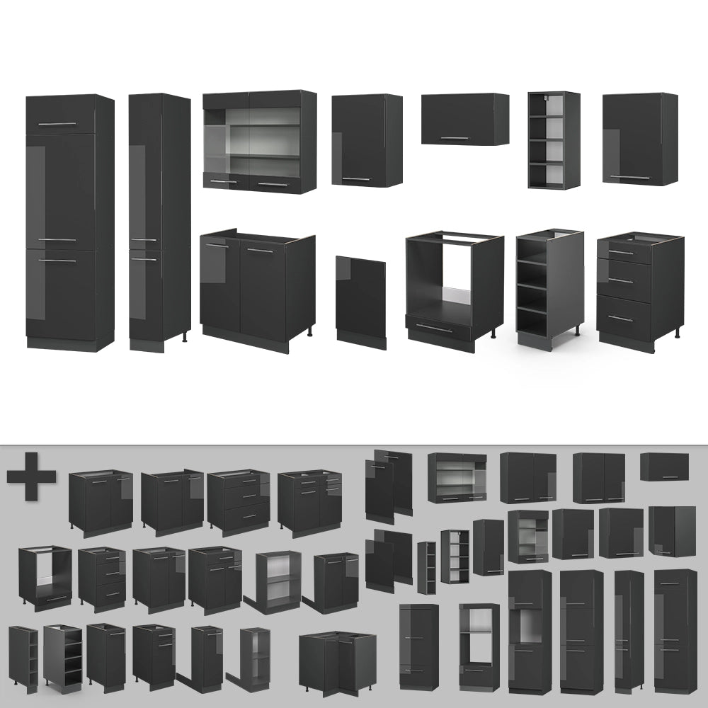 Cucina componibile Fame-Line Antracite lucido/Antracite 355 cm, PL Antracite Vicco