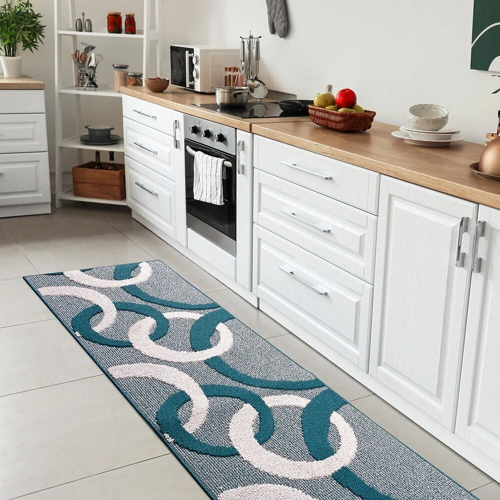 Tappeto Cucina 57x190 Cm Tridimensionale Cerchi 3D Assorbente Morbido Moderno Antiscivolo Blu