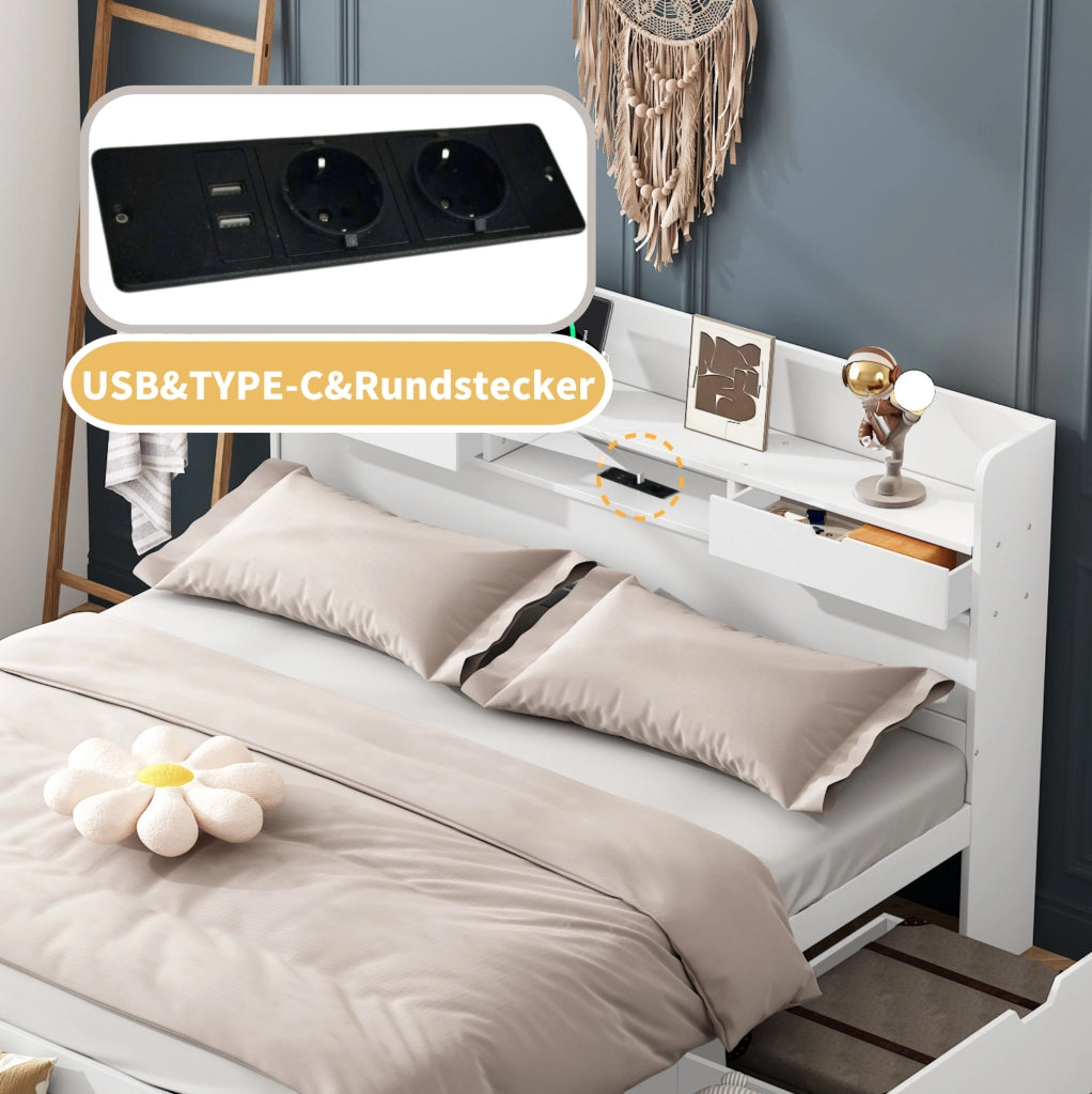 Letto multifunzionale 140 x 190 cm bianco con prese, cassetti e armadietti