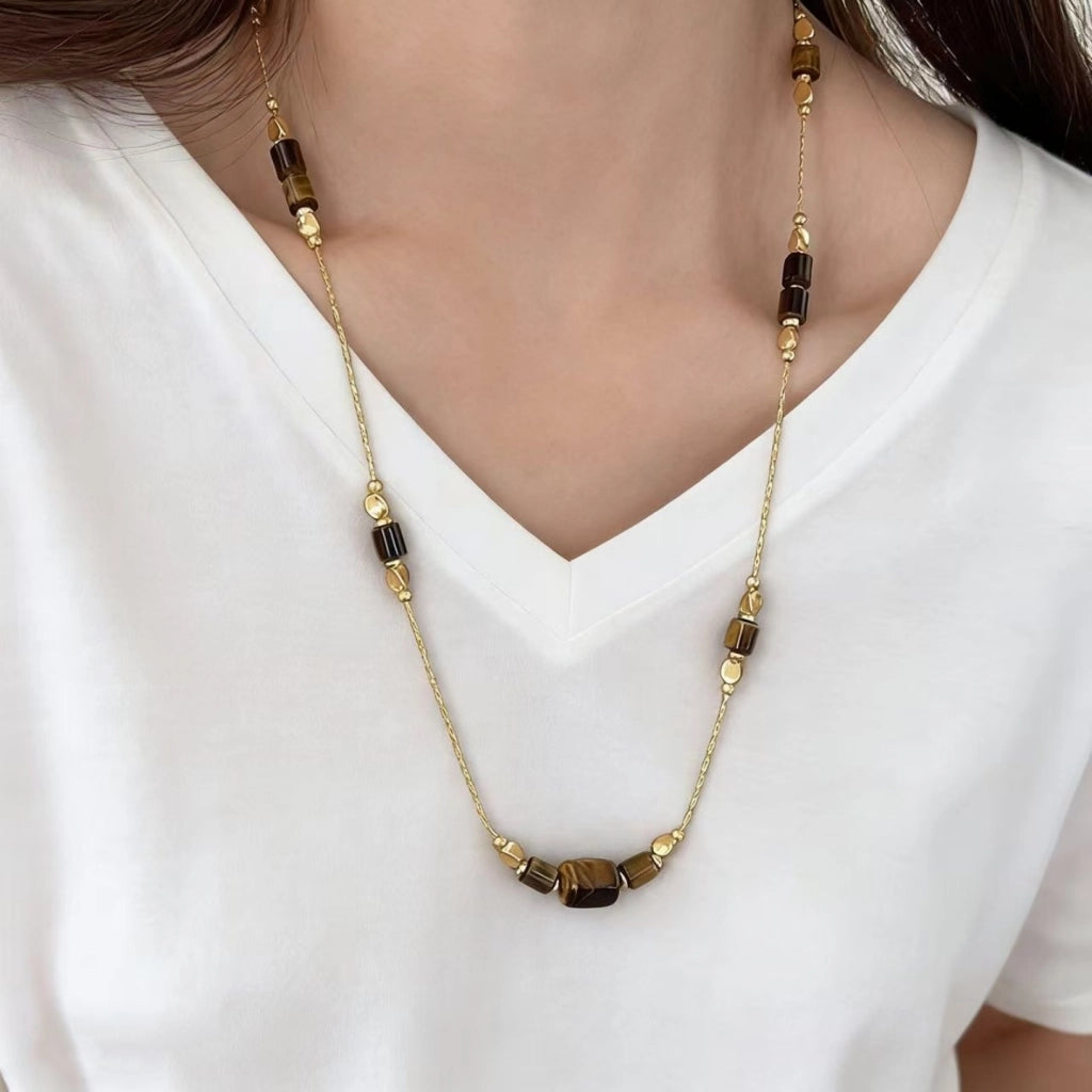 Collana a catena con perline in occhio di tigre, stile vintage, a strati, elegante e semplice.