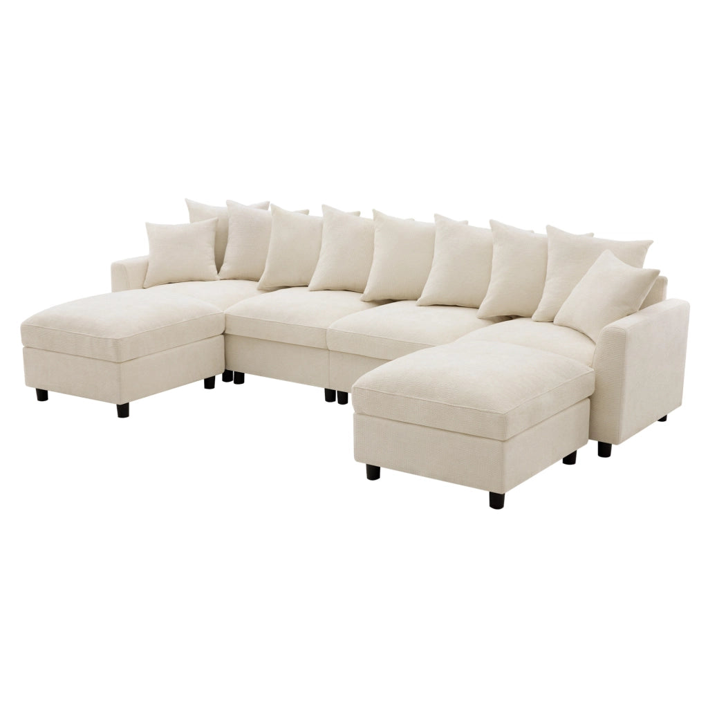Divano angolare modulare 6 posti a U/L con 2 pouf; USB e Type-C; ciniglia beige