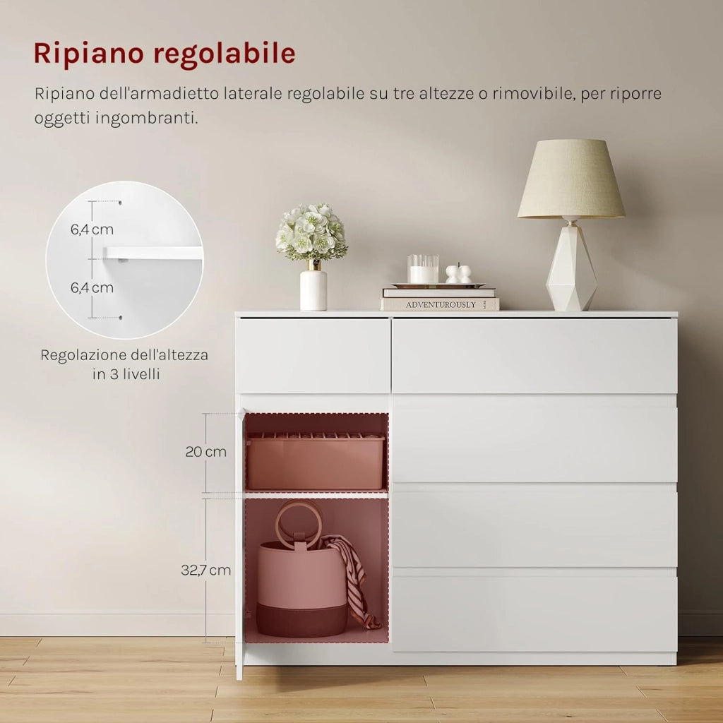 Cassettiera Camera da Letto, Mobiletto Salvaspazio con 5 Cassetti e 1 Armadietto, Ripiano Regolabile, per Soggiorno, Ingresso, 100x40x80 cm, Bianco