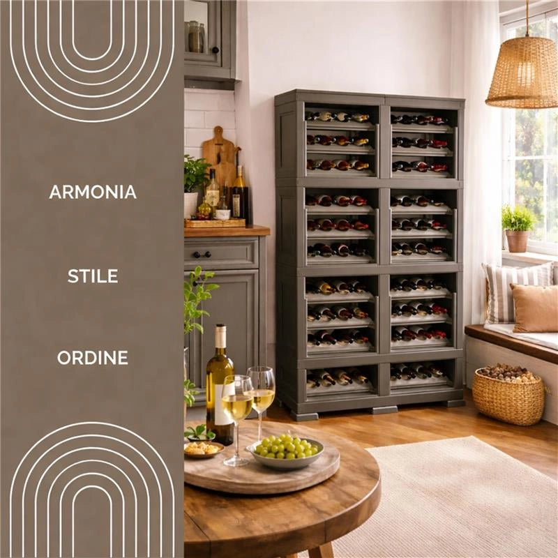 SCAFFALE PORTABOTTIGLIE PER 72 BOTTIGLIE 79X42,5X125 CM – CANTINETTA MODERNA A VISTA SENZA ANTE, MOBILE VINO MODULARE OMNIMODUS