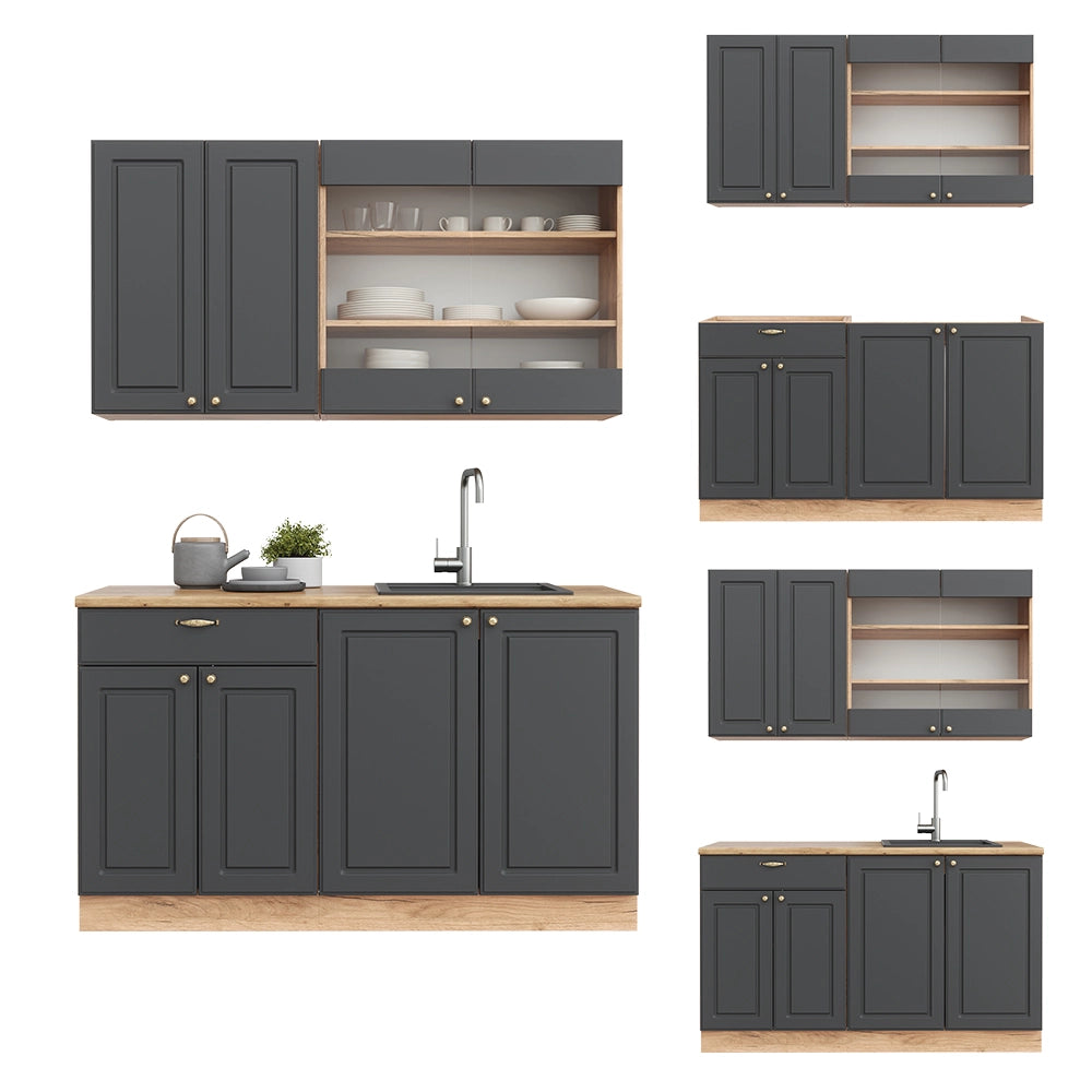 Cucina completa Fame-Line Antracite rustico/Rovere dorato 140 cm, PL Marmo Vicco