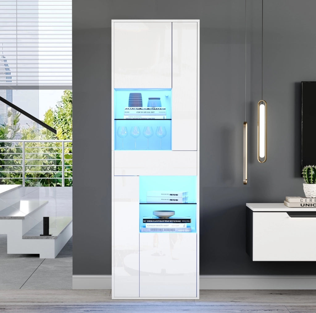 Vetrina alta LED bianca 55x38x170 cm con cassetto