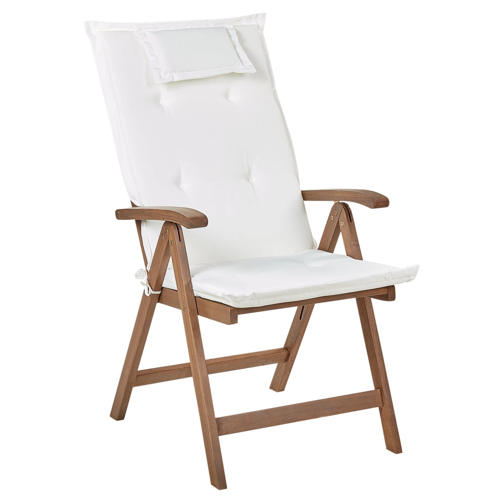 Set di 6 sedie da giardino in legno di acacia scuro naturale regolabili e pieghevoli per esterni con braccioli in stile rustico con cuscini bianco sporco
