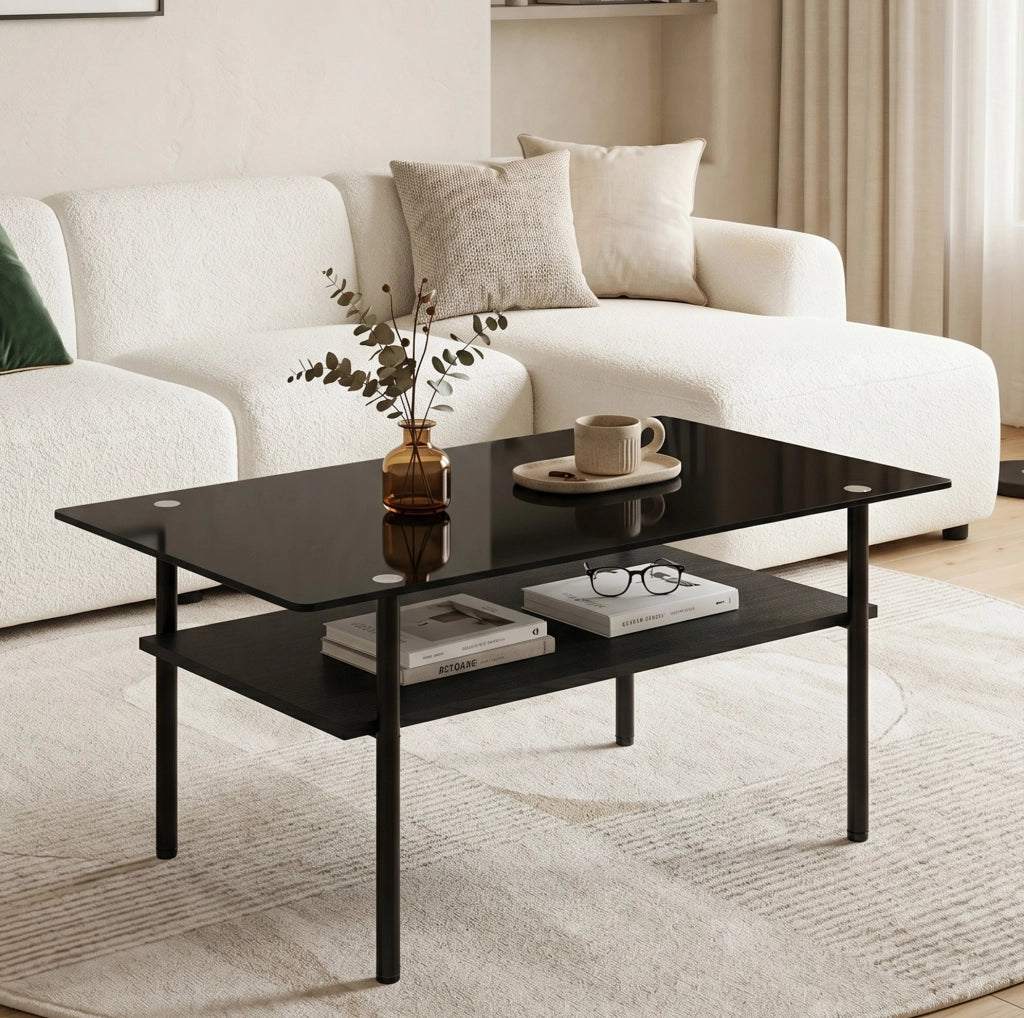 Tavolino da caffè 98x58x45 cm con piano in vetro nero; ripiano in MDF e struttura in metallo; nero