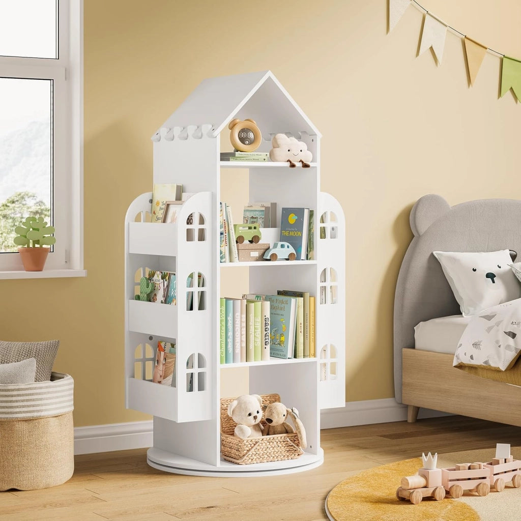 Libreria Bianca per Bambini Girevole, Mobile Portaoggetti per Bambini a 4 Livelli con 2 Spazi di Archiviazione Laterali, a Forma di Casa, 63x59x125cm