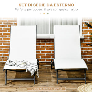 Set 2 Lettini Prendisole 66x165x102 cm con Schienale Reclinabile in Alluminio e Tessuto Traspirante Crema