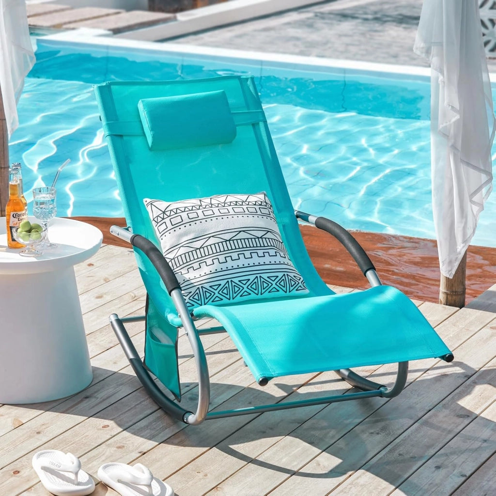 Lettino Sdraio da Giardino a Dondolo - Sedia a Dondolo da Esterno in Textilene Azzurro con Telaio in Metallo, 150x63x87cm, Lettino Prendisole per Terrazza, Piscina, Patio, OGS28-HB