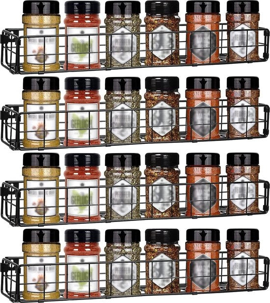 Kruidenrek a muro 4 pannelli senza perforazione, organizzatore per porta armadio, cucina, decorativo, piano di lavoro, 42 cm x 8,5 cm x 5,5 cm (nero)