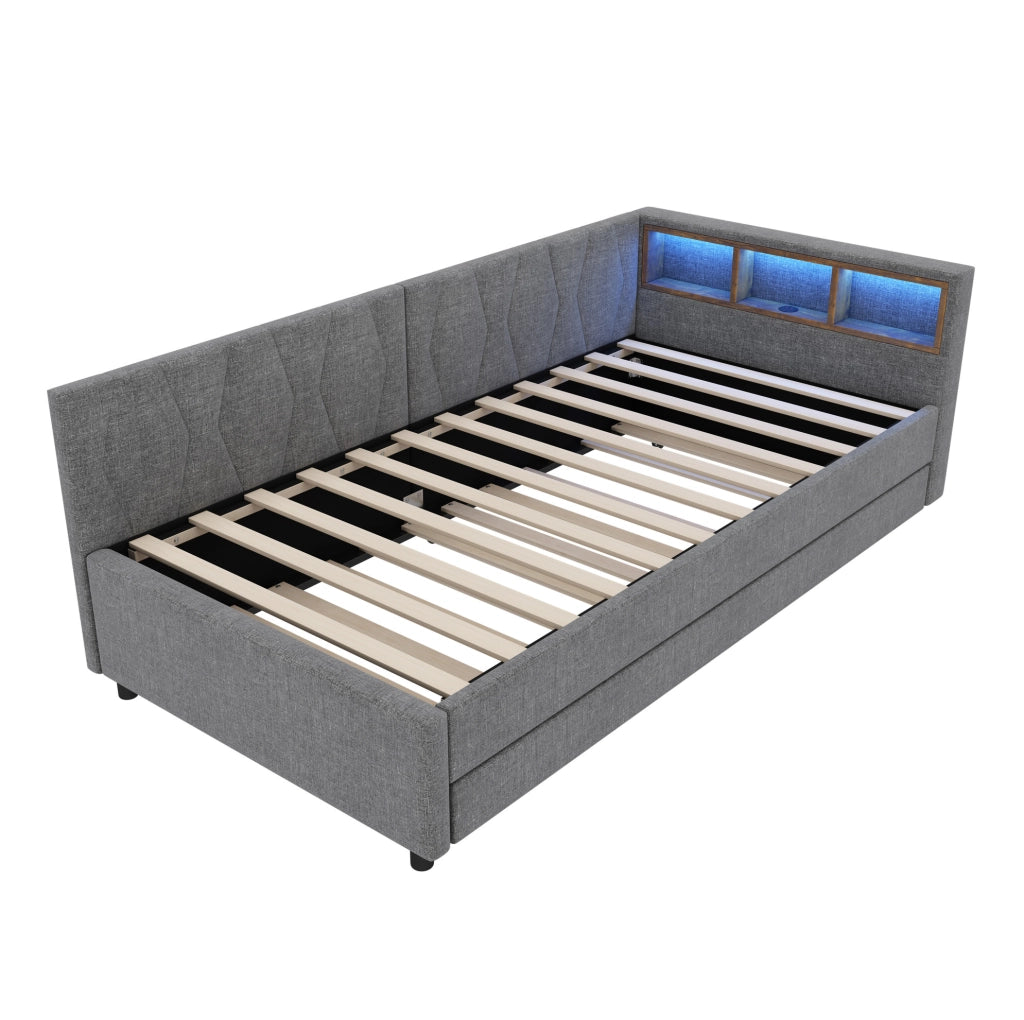 Letto Daybett 90x200 cm in lino e MDF grigio con divano letto estraibile, prese USB e LED multicolore
