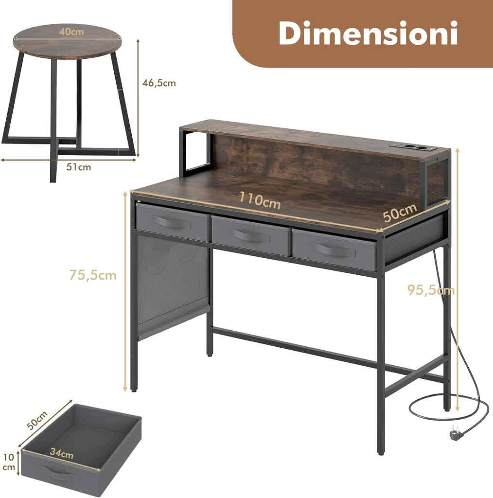 Scrivania per Computer con Supporto Monitor, Set Scrivania Salvaspazio con Sgabello, 3 Cassetti, Tasche Laterali, Stazione di Ricarica, Set Toeletta Trucco per Soggiorno Studio (Marrone)