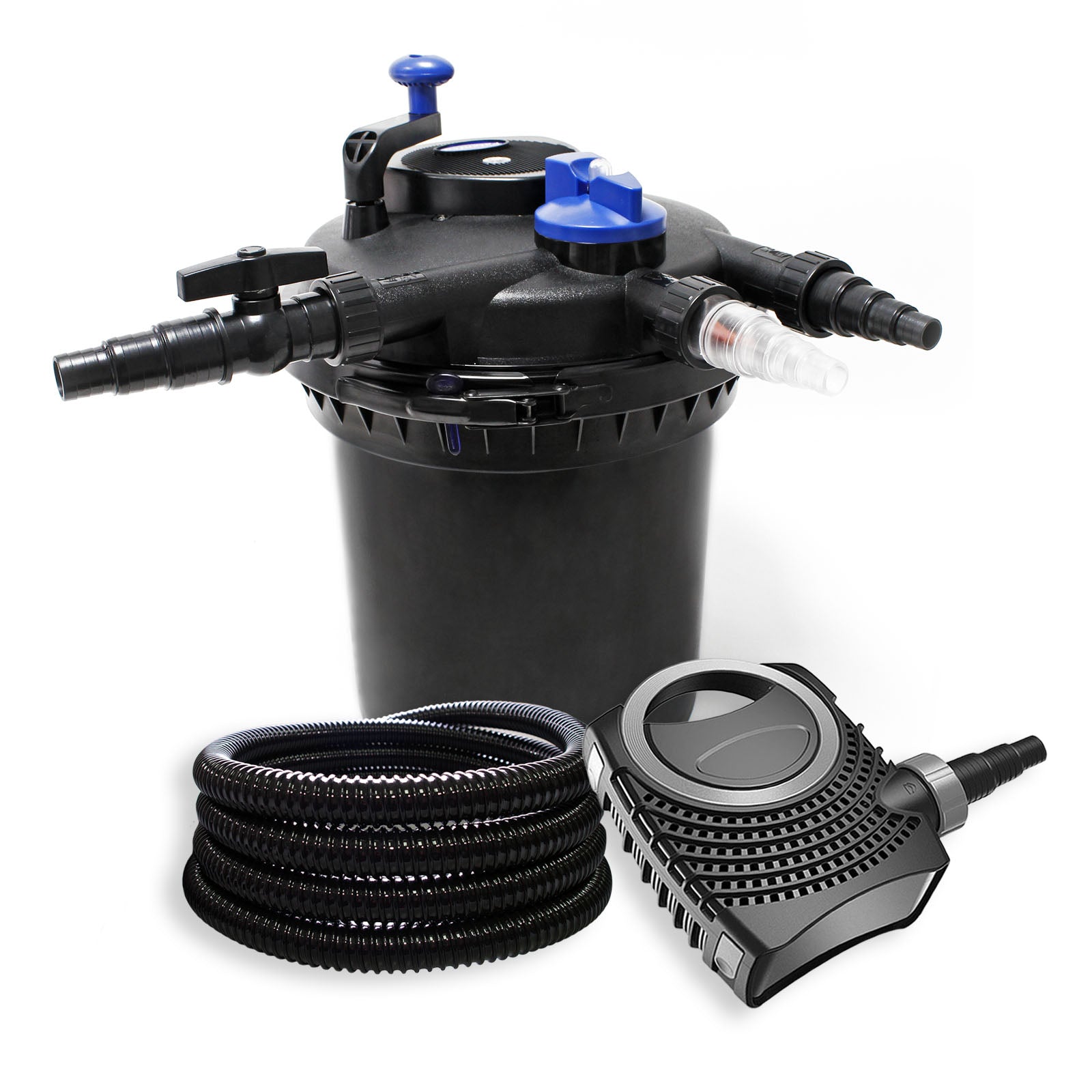 Set XXL per laghetti da 30000l Filtro a pressione Chiarificatore UVC 18W Pompa 70W Tubo 25m