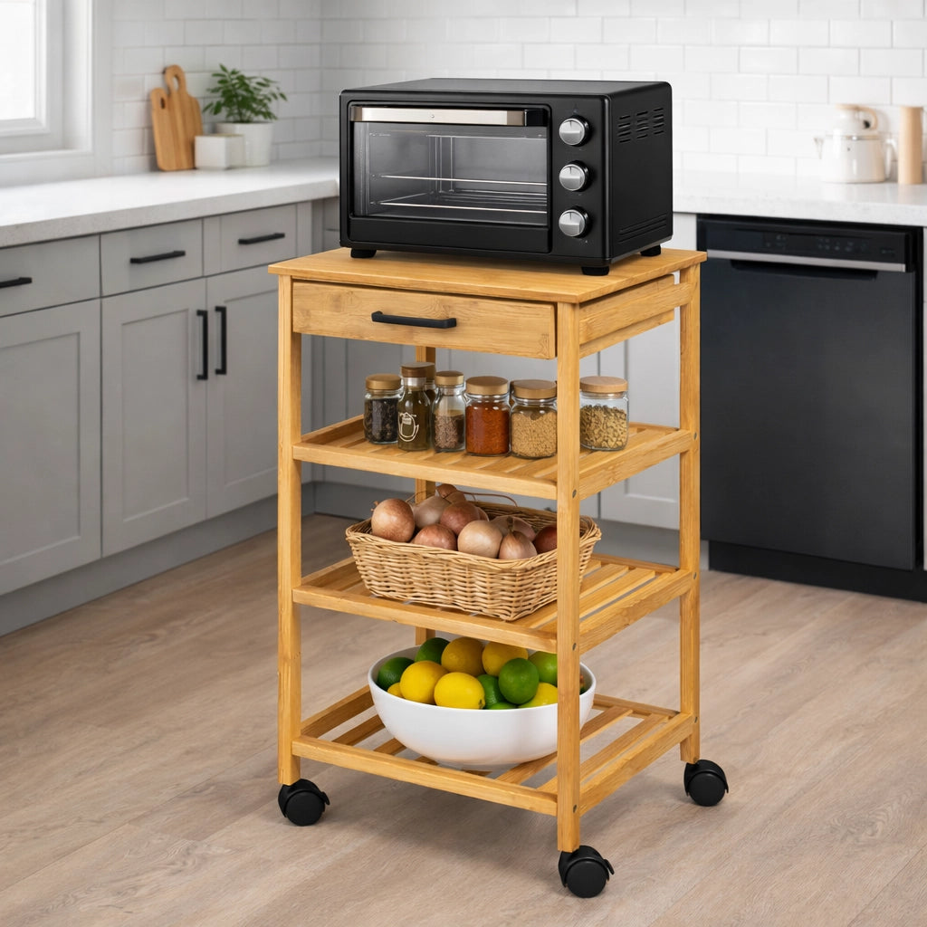 Carrello Cucina in Legno Bambù con Cassetto 3 Ripiani 4 Ruote 360 Design Minimal