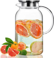 Karaf in vetro da 1,8 litri con coperchio, Karaf in vetro per acqua calda e fredda con maniglie, Facile da pulire caraffa per acqua per tè freddo, succo, limonata, caffè e latte.