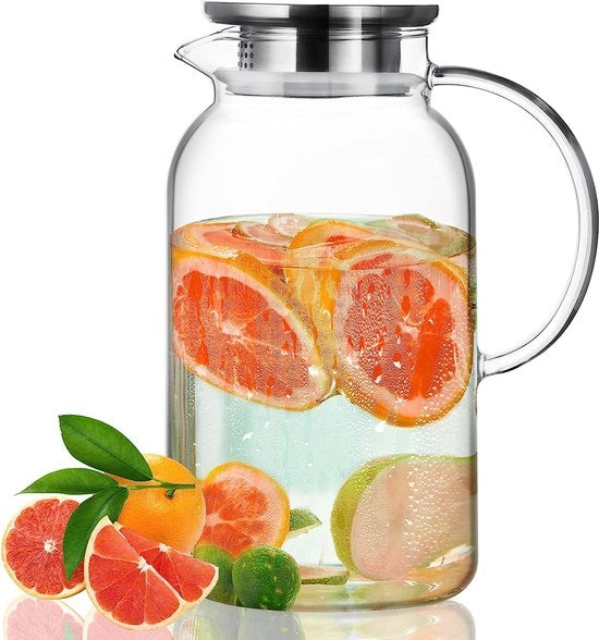 Karaf in vetro da 1,8 litri con coperchio, Karaf in vetro per acqua calda e fredda con maniglie, Facile da pulire caraffa per acqua per tè freddo, succo, limonata, caffè e latte.