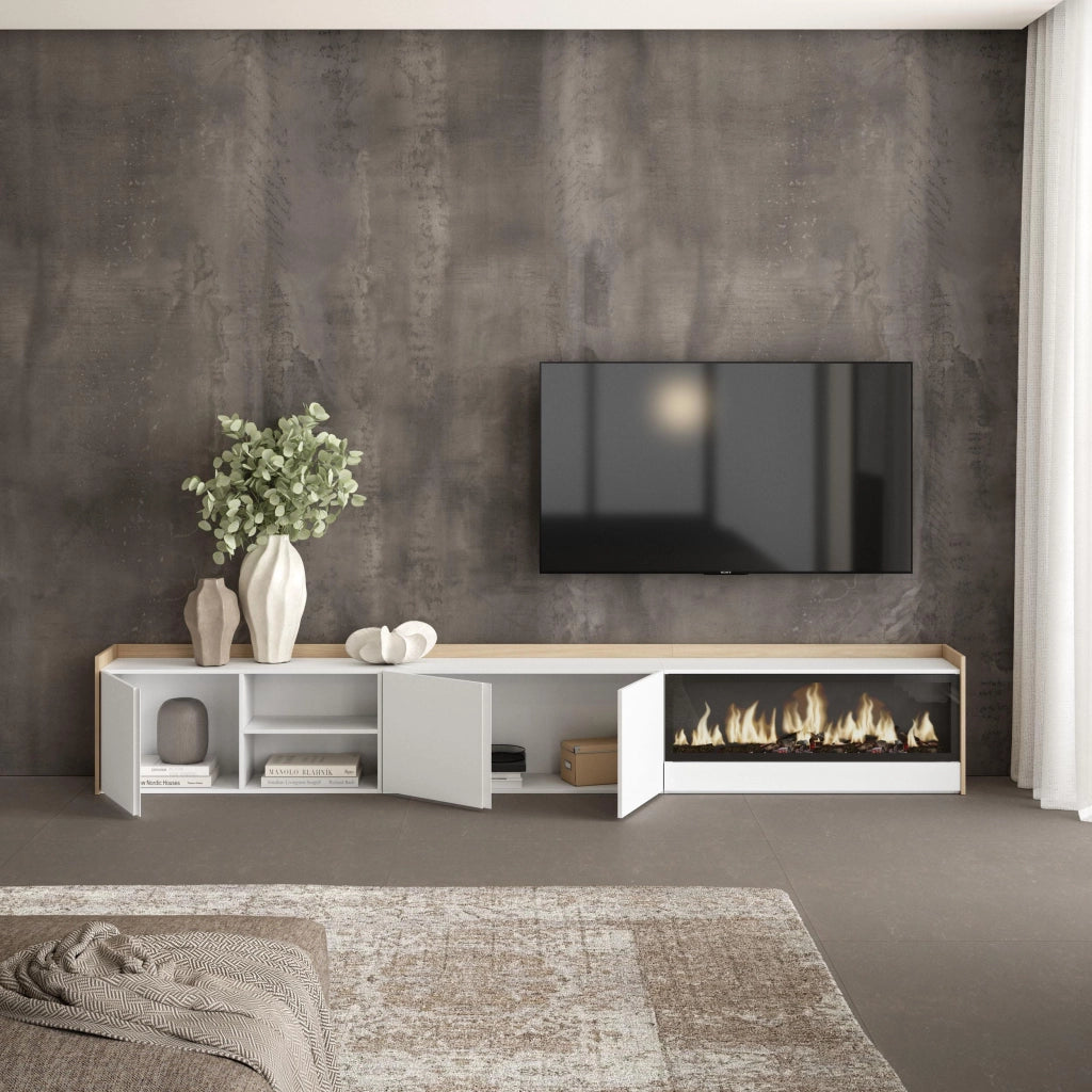 Mobile TV Soggiorno, 315x50x35 cm, Per TV fino a 80", Camino elettrico XXL, Bianco e Rovere soft