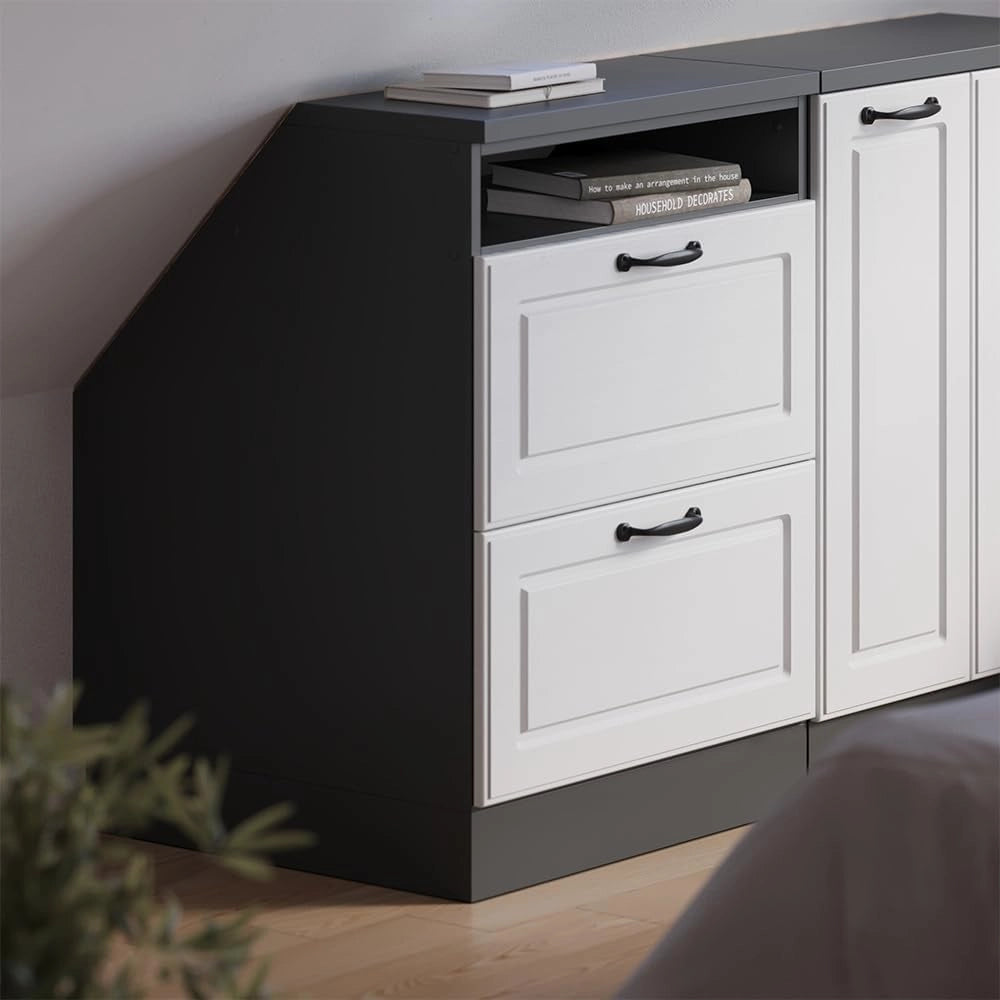Mobile sottotetto Rion, Bianco casa di campagna, 60 x 81.6 cm con 2 cassetti, carcassa 60 cm profondità, adatto per il salvaspazio sotto tetti spioventi