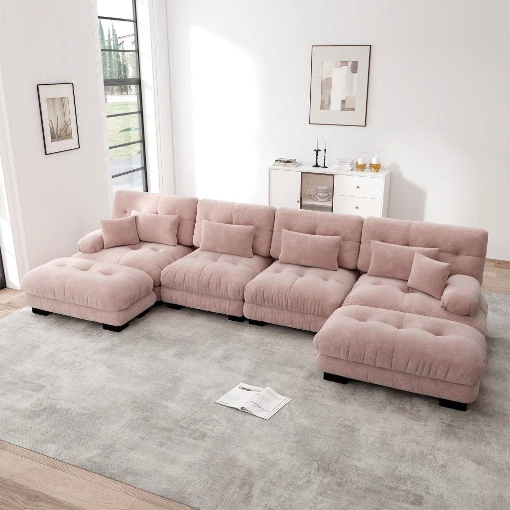 Divano modulare angolare a U con pouf mobile, cuscini e sedute effetto cloud in ciniglia vintage rosa per soggiorno