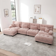 Divano modulare angolare a U con pouf mobile, cuscini e sedute effetto cloud in ciniglia vintage rosa per soggiorno