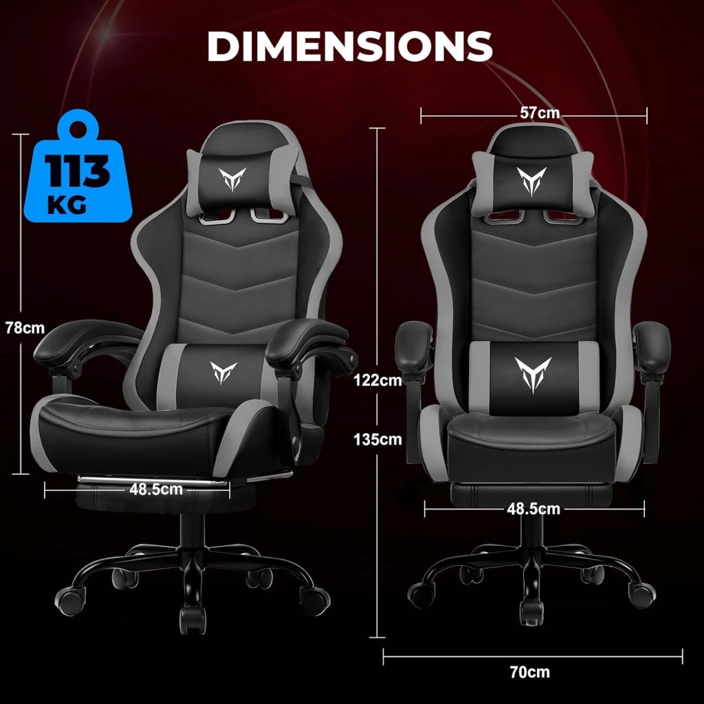 Sedia da Gaming Ufficio Ergonomica, Sedia da Gioco con Poggiapiedi, Poggiatesta e Supporto Lombare Regolabili, Poltrona da Gaming, Grigio