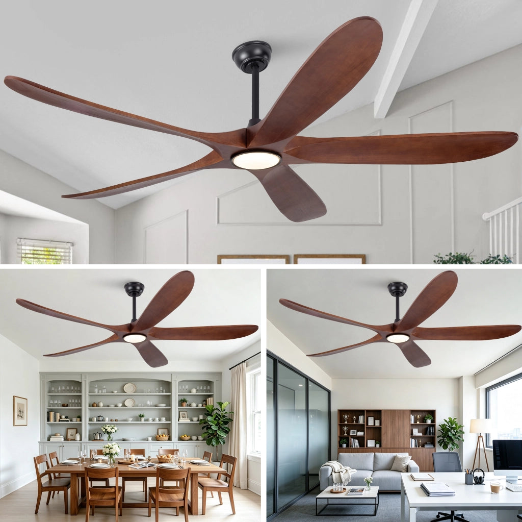Ventilatore da soffitto con luce LED da 60 pollici; 5 pale in legno massello; noce e nero