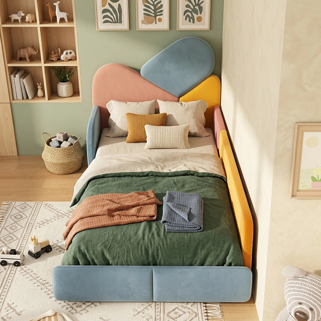 Letto per bambini basso 90 × 200 cm con sponde rialzate, senza materasso, in velluto, blu multicolore