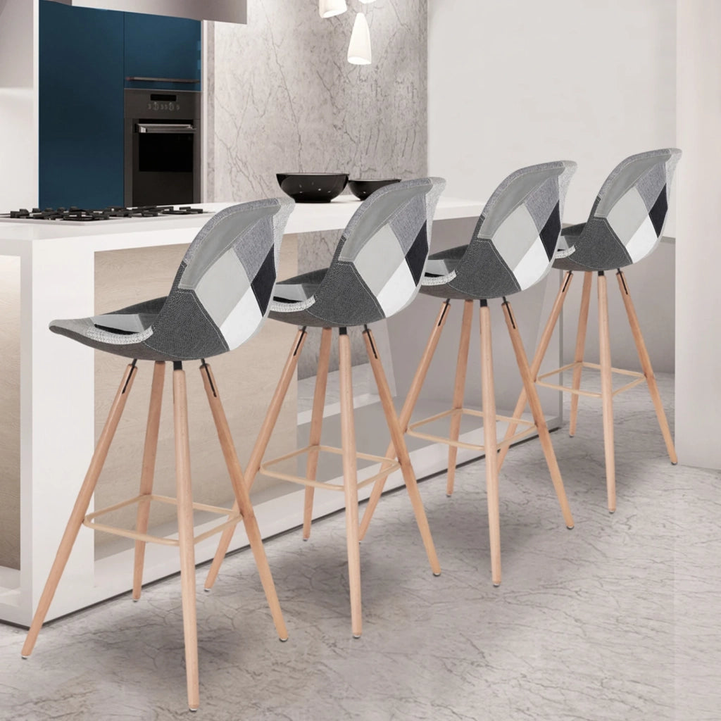 IDMarket - Set di 4 sgabelli da bar SARA con motivo patchwork nero, grigio y bianco SARA