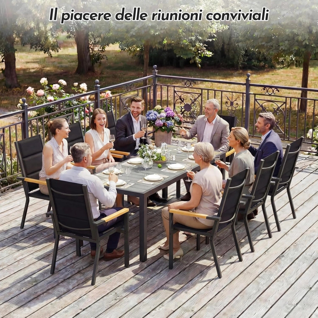 Set di Arredo da Giardino 8 Persone, Set di Tavolo 189 cm Design a Vena di Legno e 8 Sedie Impilabili da Esterno in Alluminio, Ideale per Cortile, Terrazza o Ai Margini della Piscina, Grigio
