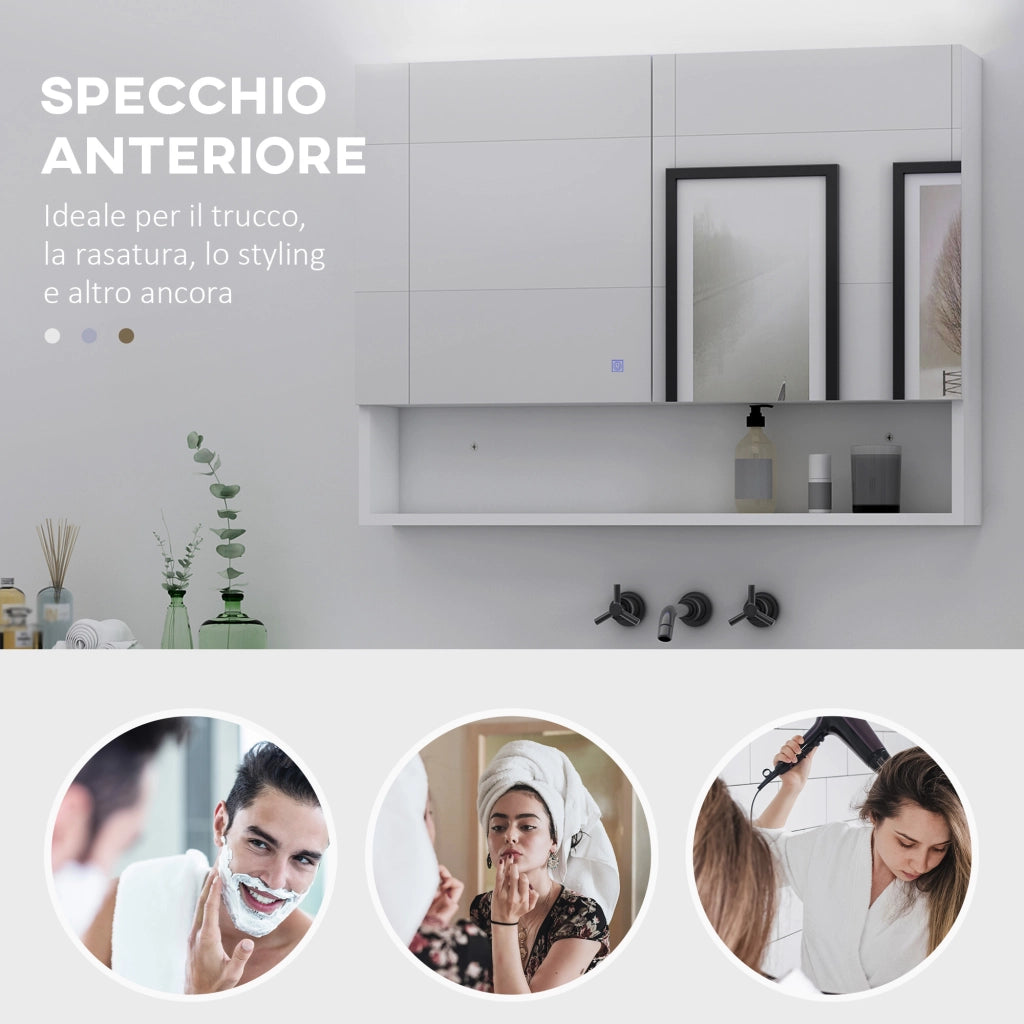 Armadio a Muro con Specchio, Luci LED, Ripiani Aperto e Interno ¨C Zephmum ¨C Bianco 80x15x60cm