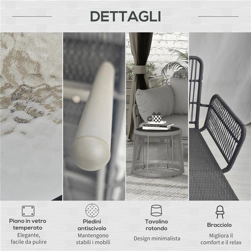 SET DA GIARDINO IN RATTAN PE STILE BOHO DIVANO 2 POSTI CON CHAISE LONGUE E TAVOLINO GRIGIO CHIARO