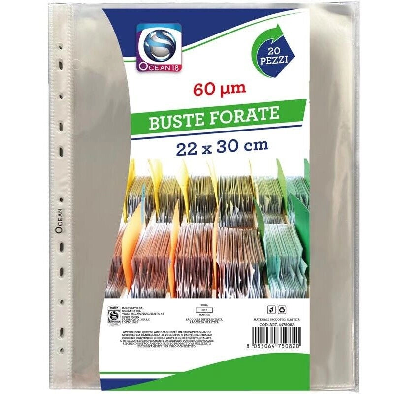 BUSTA FORATA 22X30 20 PZ TRASPARENTE IDEALE COME PORTA FOGLI E DOCUMENTI 60 MICRON