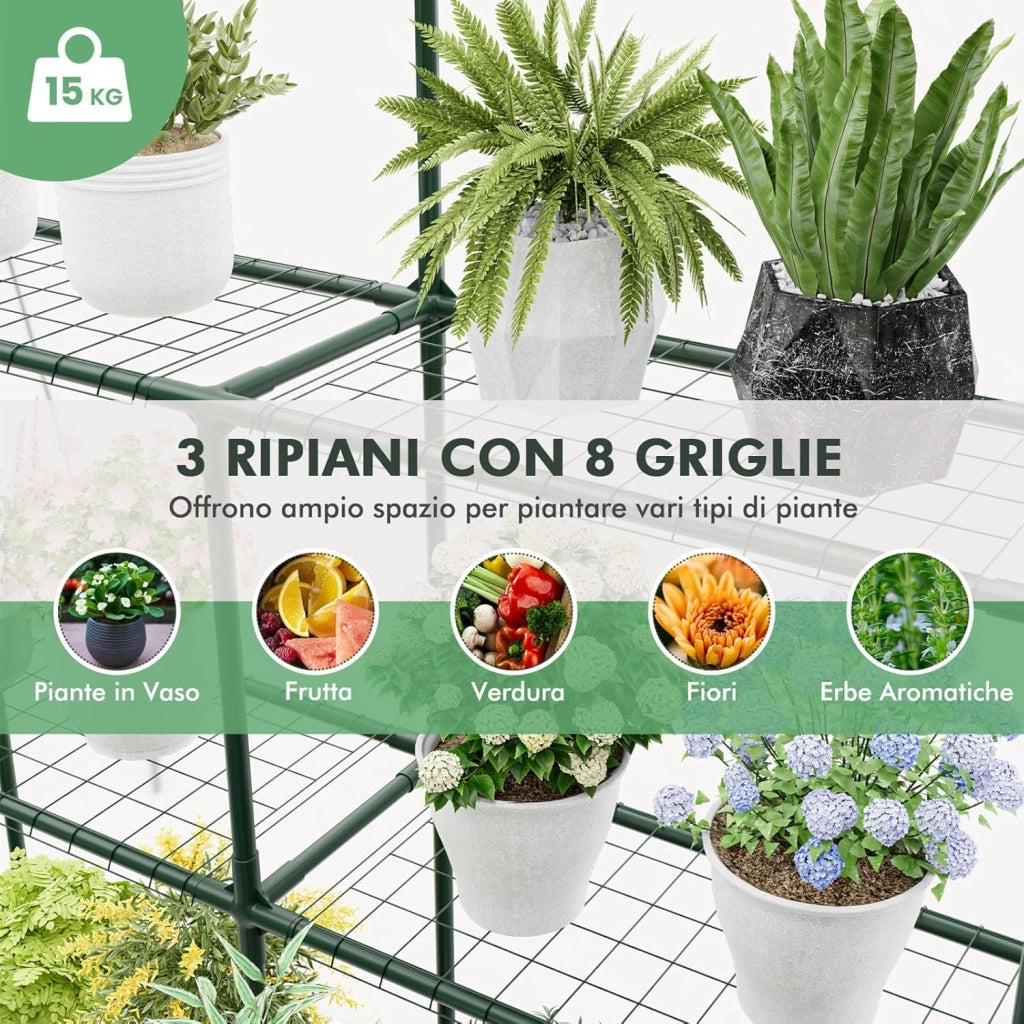 Serra da Giardino con 8 Ripiani, Telo Trasparente in PVC, Porta Avvolgibile con Cerniera, Telaio in Acciaio Robusto e Anticorrosione, Serra da Esterno per Piante, Fiori e Frutta