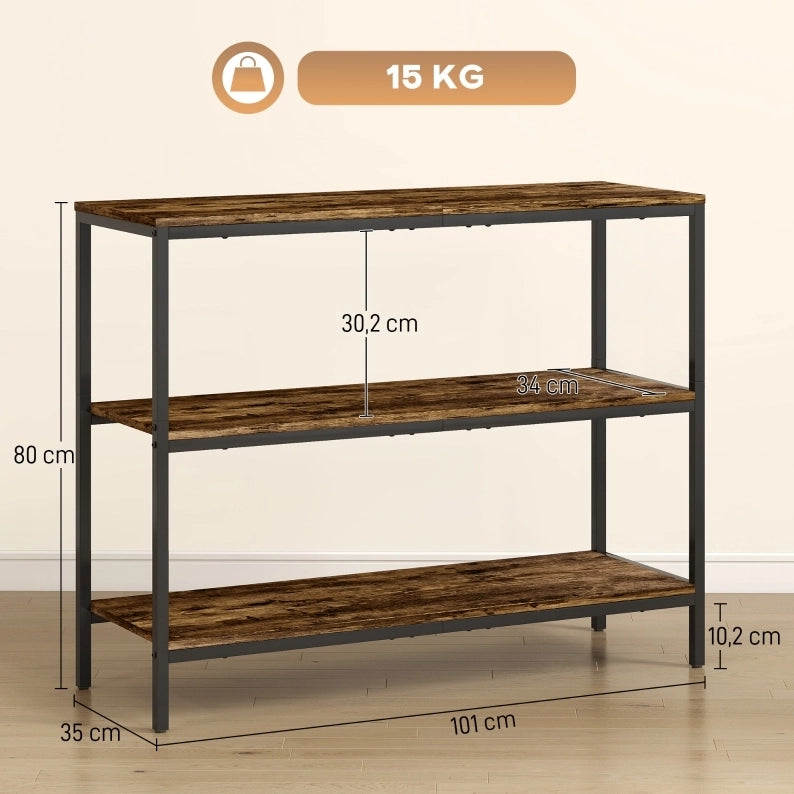Tavolo consolle industriale 3 ripiani marrone rustico 101×35×80 cm