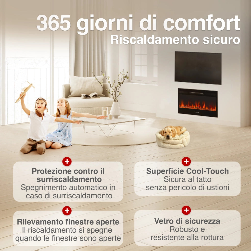 KAMINIO Camino elettrico MARLON - Camino elettrico 3 in 1 con riscaldatore, effetto fiamma 3D, 12 colori di fiamma, telecomando - 30 pollici