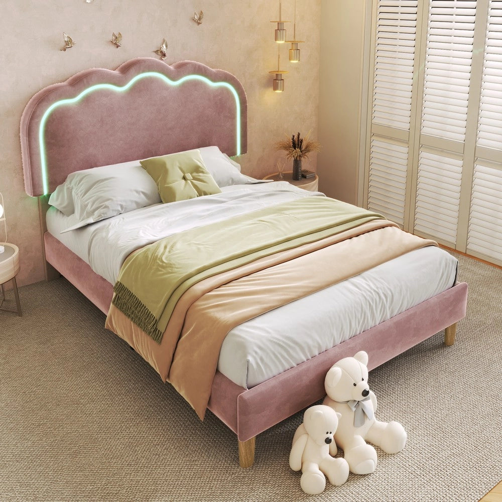 Letto Imbottito Singolo con Testiera Regolabile LED ¨C MINIMAL ¨C Velluto Rosa 90x200